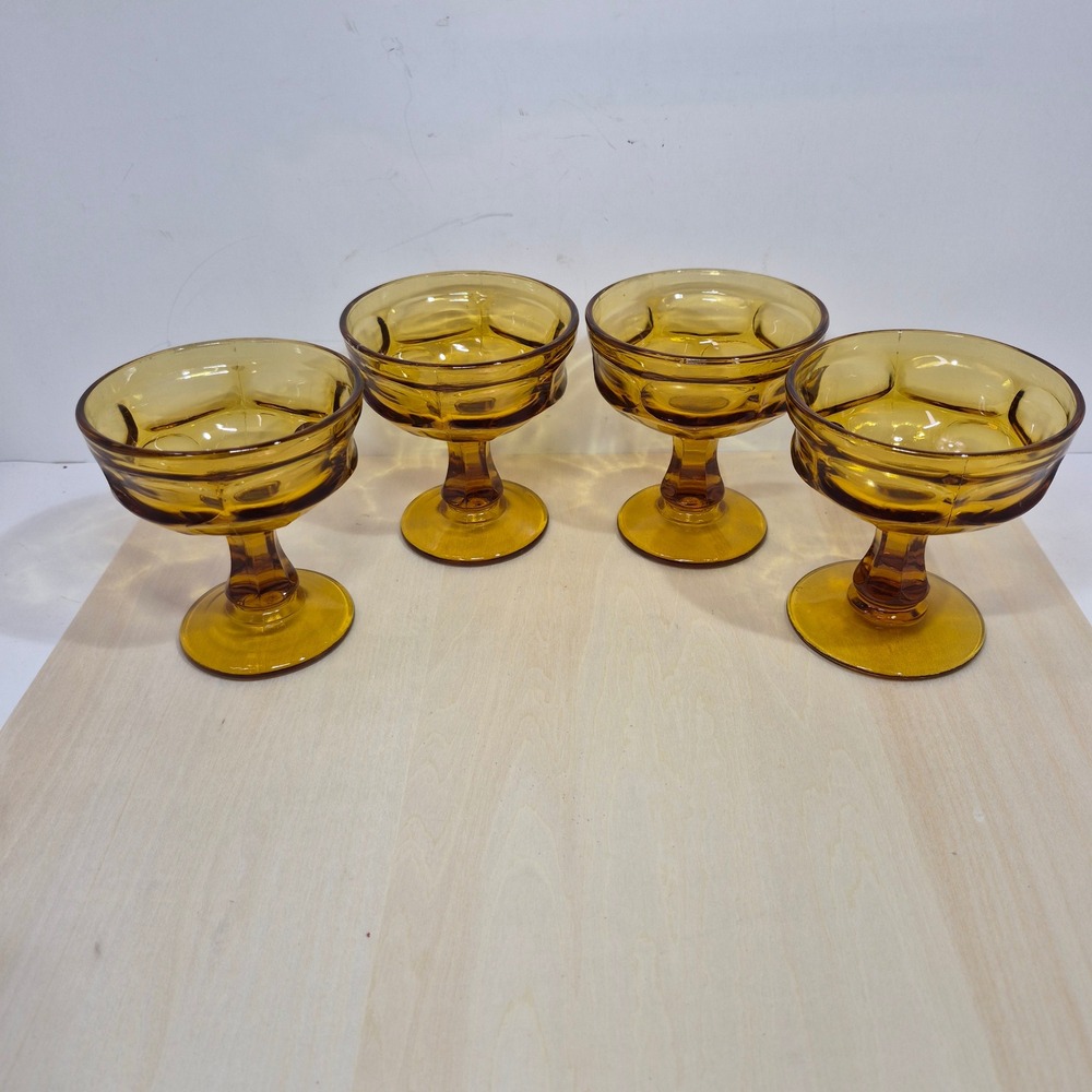 Vintage Amber Glass Thumbprint Sherbet‎ Dessert Coupes Footed Set of 4